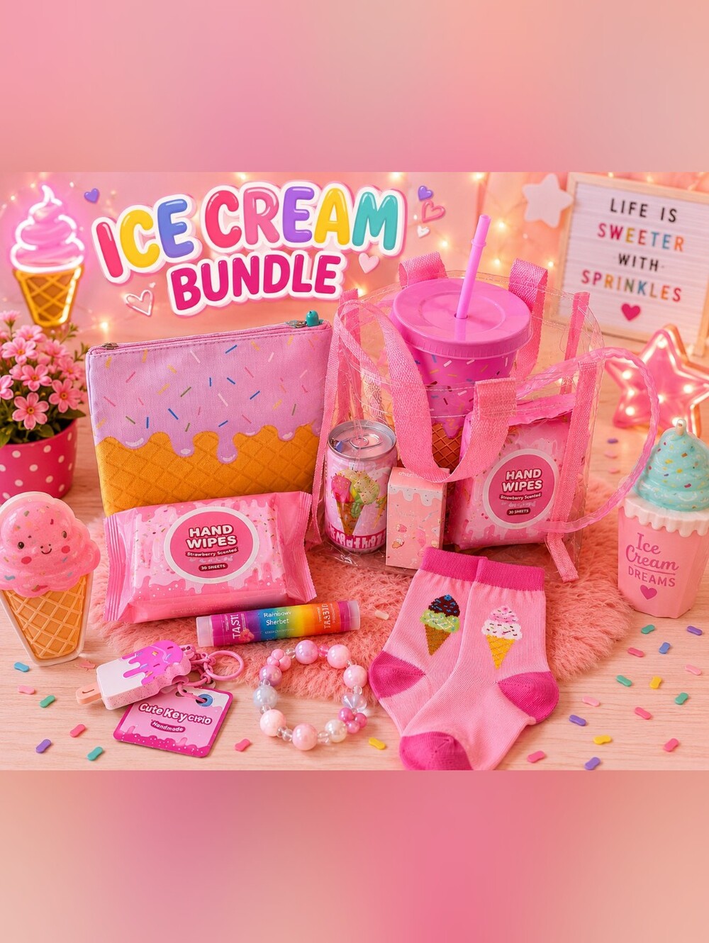 🍦 Ice Cream Bundle Gift Set | Cute Pink Tote, Tumbler, Makeup Bag & Accessories